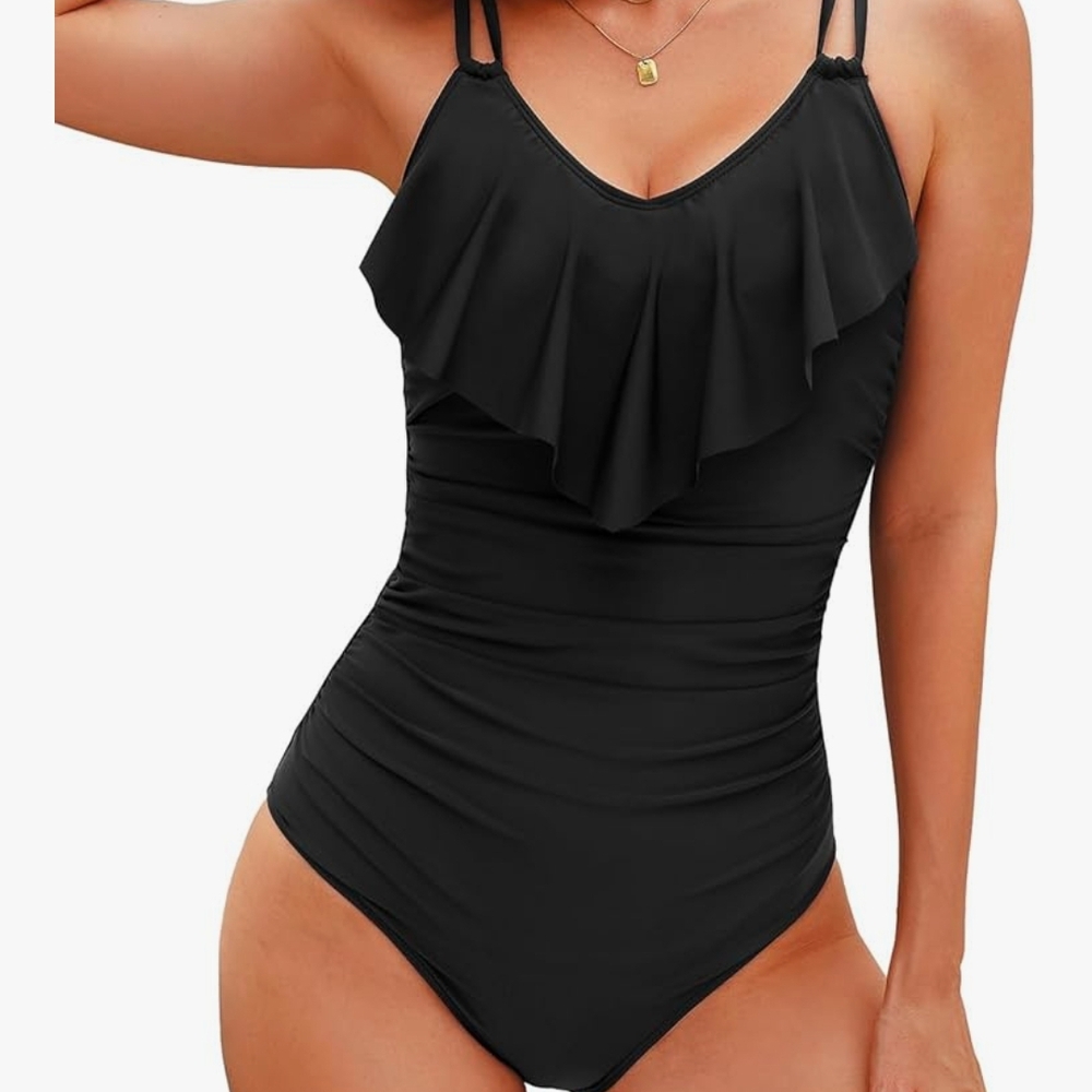 Black Ruffled One-Piece Swimsuit